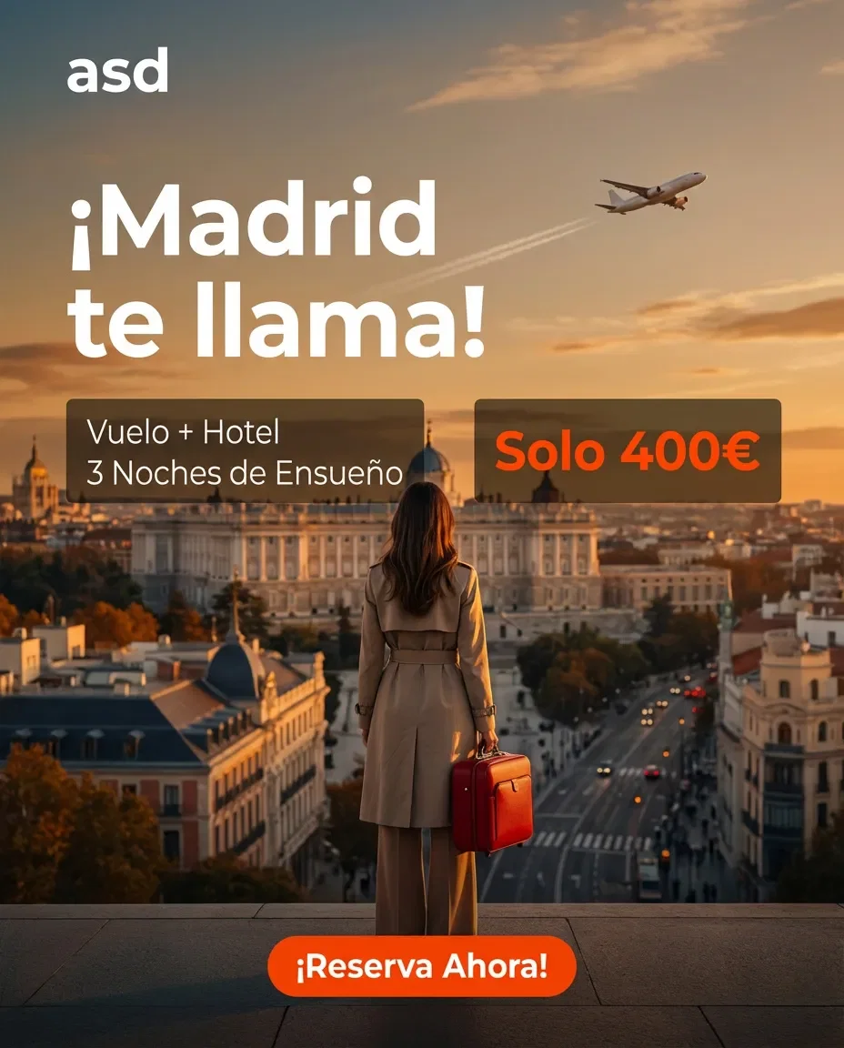 Madrid travel ad in Spanish at sunset