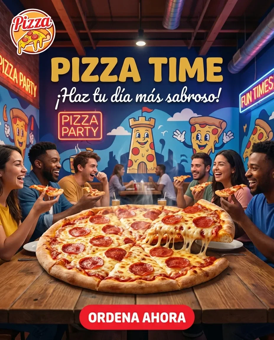 Pizza party restaurant ad in Spanish