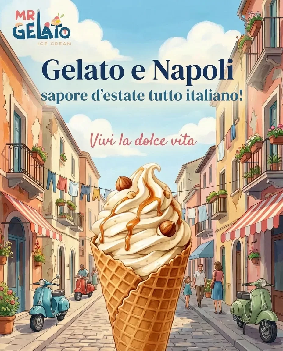 Italian gelato ad in Naples street scene